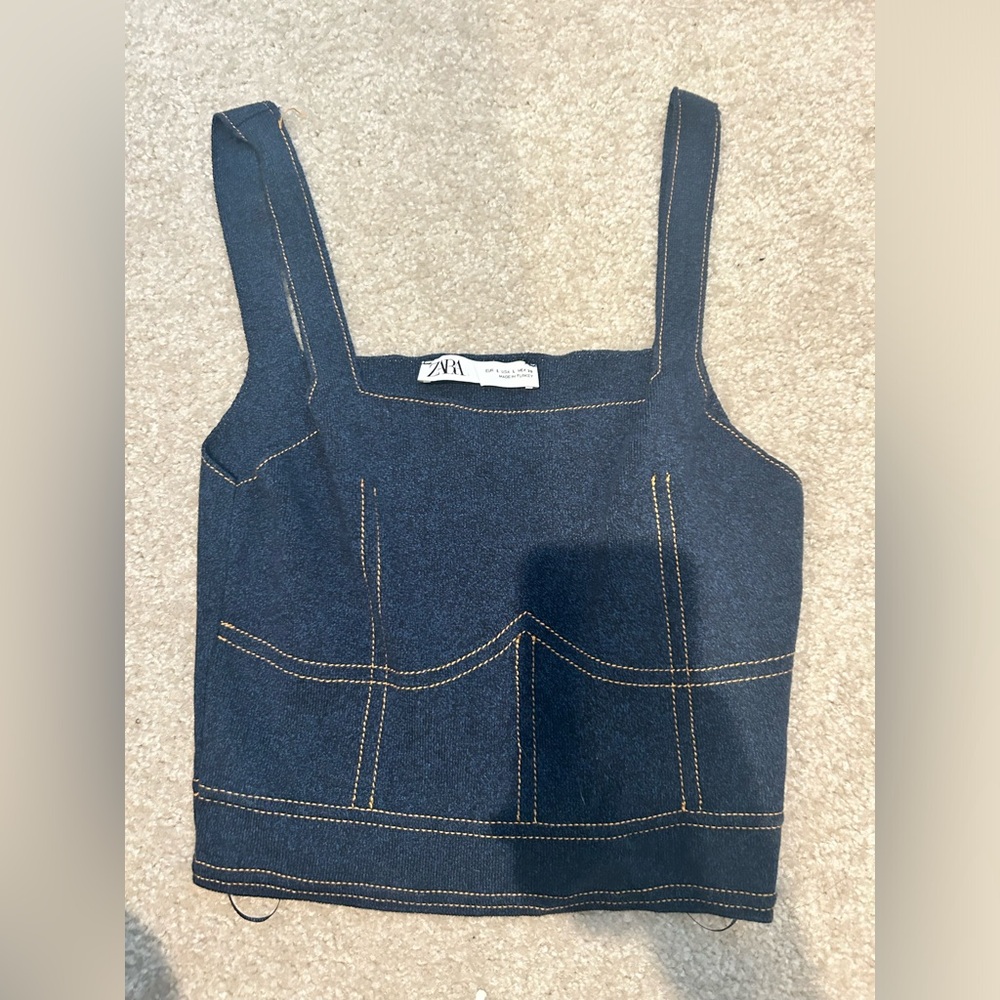 Zara Dark Blue Denim Top with Yellow Stitching